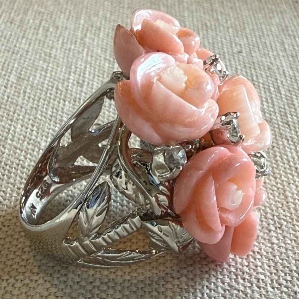 Carol Brodie Rarities Sterling Silver Multi Carved Pink Coral Roses Topaz Ring 8 - Picture 3 of 8